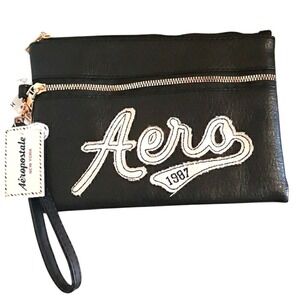 Aeropostale Black Faux Leather Wristlet Clutch Varsity Logo NWT